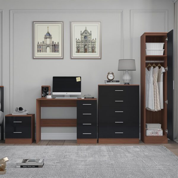 Reflect 1 Door Plain Wardrobe, 5 Drawer Chest, 2 Drawer Bedside & Desk - Black Gloss & Walnut - Bedroom Furniture Set - Image 3
