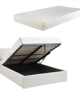 TEDDY BOUCLE 4FT Small Double White Ottoman Storage Bed Gas Lift Up - (L) 203cm x (W) 138cm with 25cm Memory Foam Mattress