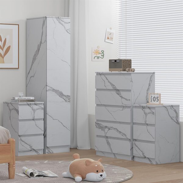 ZITA 4pc White Marble Effect Bedroom Set - 1-Door Wardrobe, Tall Chest & 2 Bedside Tables, Stylish Modern Storage Furniture - Image 3
