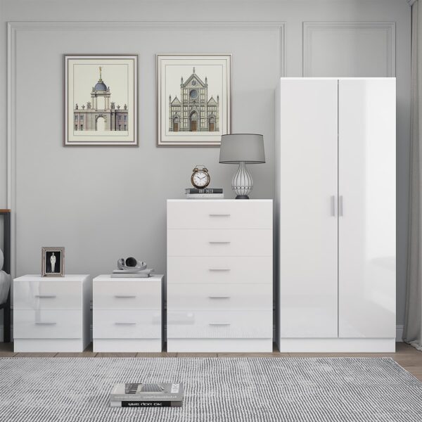 Reflect 2 Door Plain Wardrobe, 5 Drawer Chest, 2x 2 Drawer Bedsides - White Gloss & Matt White - Modern Bedroom Furniture Set - Image 5