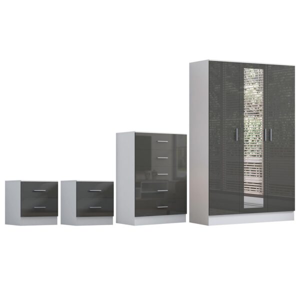 REFLECT Gloss 4pc Set - 3 Door Mirrored Wardrobe + 5 Draw Chest + 2 Bedsides - Image 12