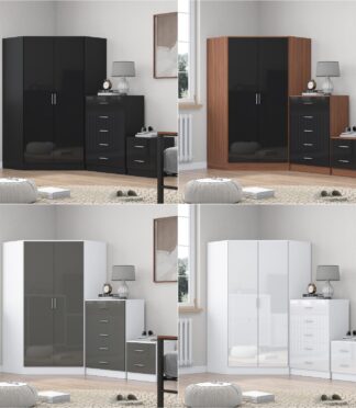 REFLECT Gloss 4pc Set - 2 Door Corner Wardrobe + 5 Draw Chest + Bedside