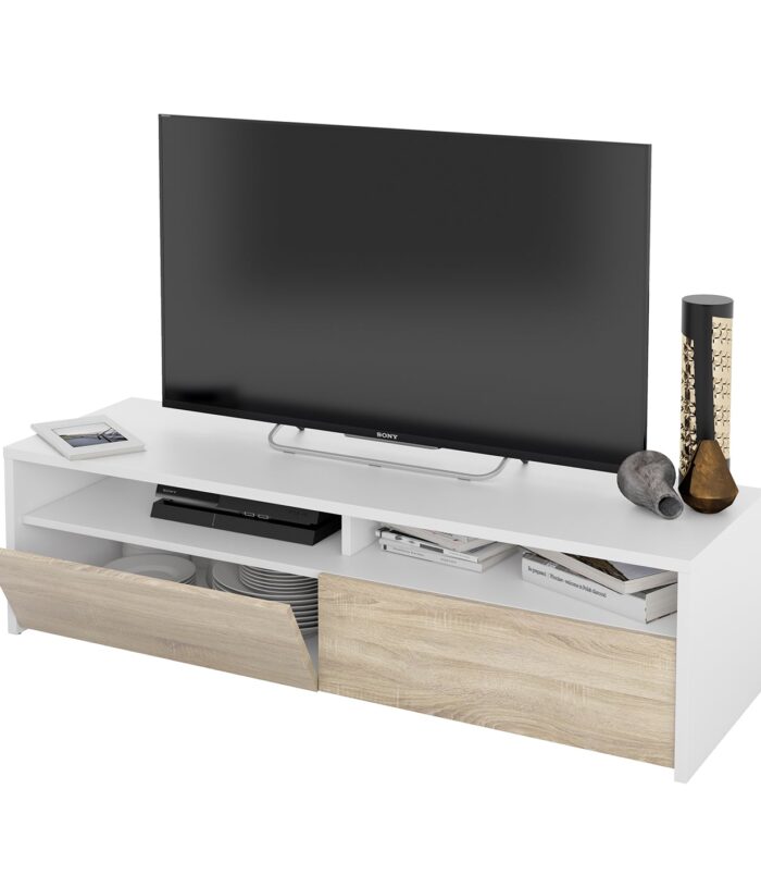KIOTO 2 Door TV Unit in Oak & Satin White- Modern Media Cabinet with Storage.