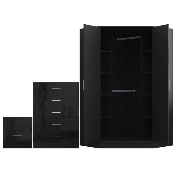 Reflect 2 Door Corner Wardrobe, 5 Drawer Chest, 2 Drawer Bedside - Black Gloss & Black Oak - Bedroom Furniture Set - Image 6