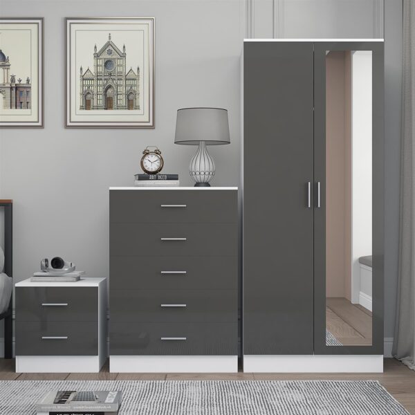Reflect 2 Door Mirror Wardrobe, 5 Drawer Chest, 2 Drawer Bedside - Grey Gloss & Matt White - Modern Bedroom Furniture Set - Image 3