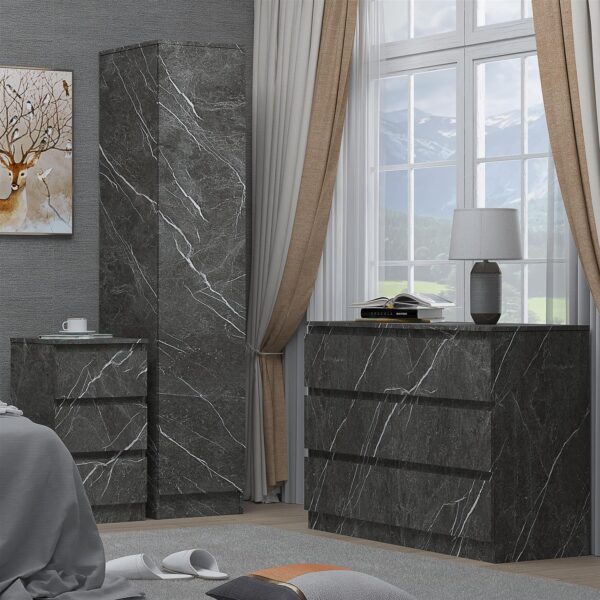 ZITA Grey Marble Effect 3 Piece Bedroom Set - 1-Door Wardrobe, Wide Chest & Bedside Table, Stylish Modern Bedroom Furniture - Image 2