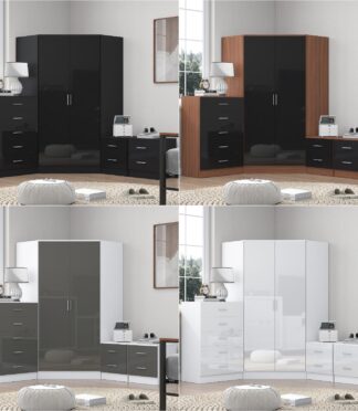 REFLECT Gloss 4pc Set - 2 Door Corner Wardrobe + 5 Draw Chest + 2 Bedsides