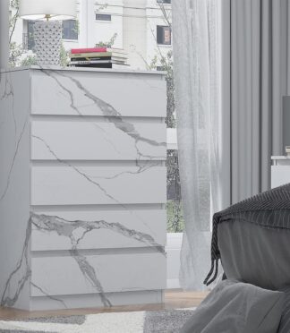 ZITA 5 Drawer Chest - White Marble Effect Bedroom Storage