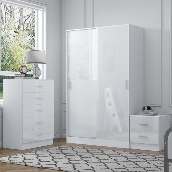 Reflect 2 Door Sliding Wardrobe, 5 Drawer Chest, 2 Drawer Bedside - White Gloss & Matt White - Modern Bedroom Furniture Set - Image 2