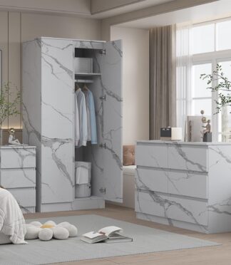 ZITA 3pc Bedroom Set White Marble Effect - Wardrobe + 6 Drawer Chest + Bedside