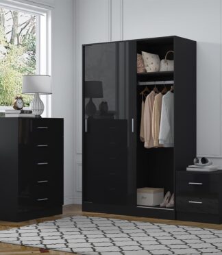 Reflect 2 Door Sliding Wardrobe, 5 Drawer Chest, 2 Drawer Bedside - Black Gloss & Black Oak - Modern Bedroom Furniture Set