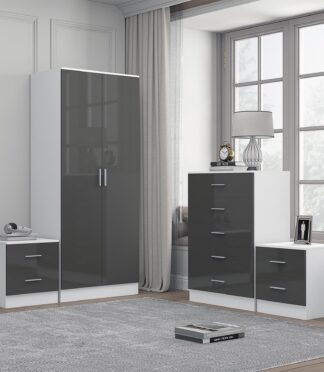 Reflect 2 Door Plain Wardrobe, 5 Drawer Chest, 2x 2 Drawer Bedsides - Grey Gloss & Matt White - Modern Bedroom Furniture Set