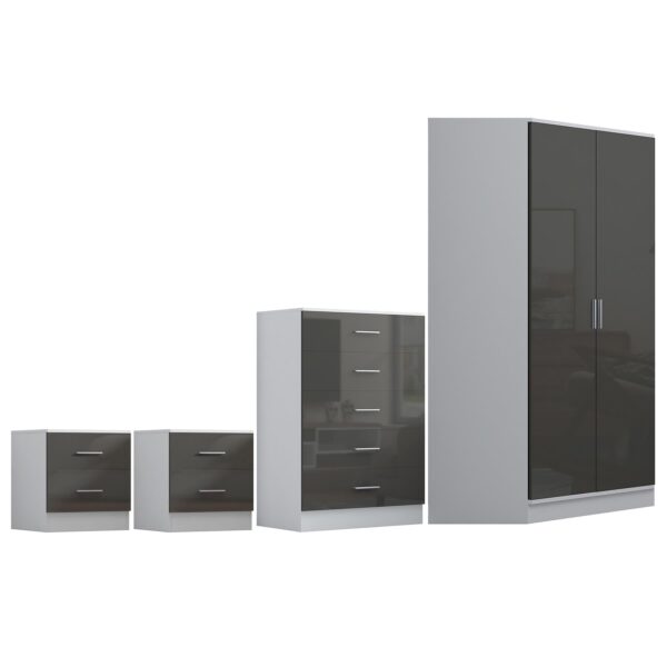 Reflect 2 Door Corner Wardrobe, 5 Drawer Chest, 2x 2 Drawer Bedsides - Grey Gloss & Matt White - Bedroom Furniture Set - Image 4