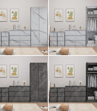 ZITA 4pc Set - 2 Door Wardrobe + Wide Chest + 2 Bedsides in White OR Grey Marble