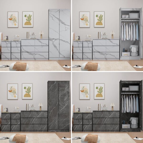 ZITA 4pc Set - 2 Door Wardrobe + Wide Chest + 2 Bedsides in White OR Grey Marble