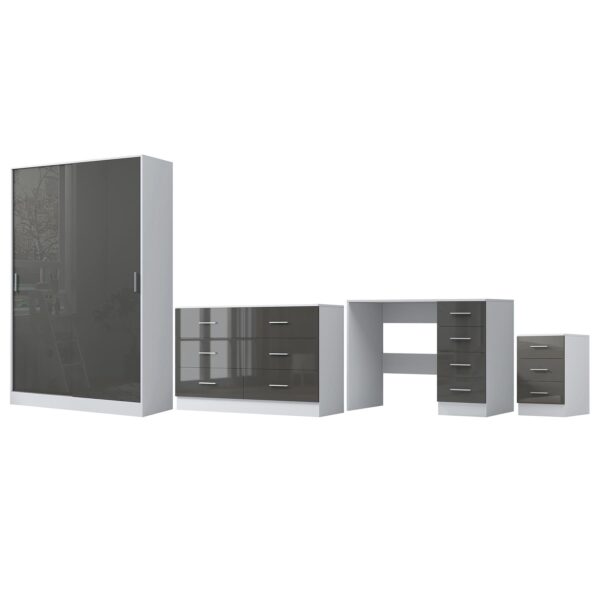 REFLECT Gloss 4pc Set - 2 Door Sliding Wardrobe + Wide Chest + Bedside + Desk.