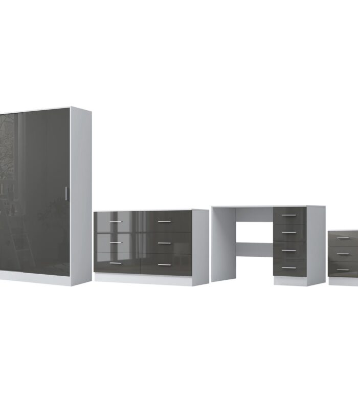 REFLECT Gloss 4pc Set - 2 Door Sliding Wardrobe + Wide Chest + Bedside + Desk.
