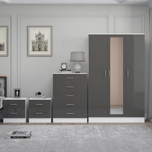 REFLECT Gloss 4pc Set - 3 Door Mirrored Wardrobe + 5 Draw Chest + 2 Bedsides - Image 7