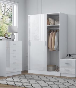 Reflect 2 Door Sliding Wardrobe, 5 Drawer Chest, 2 Drawer Bedside - White Gloss & Matt White - Modern Bedroom Furniture Set