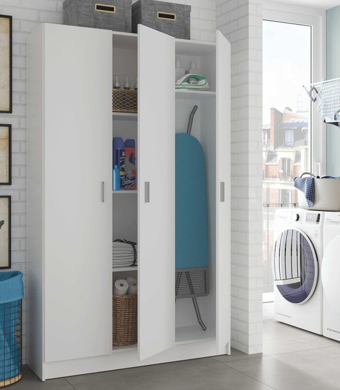 VITA White 3 Door Broom Cupboard - Modular Kitchen & Utility Room Cleaning Storage Cabinet - H: 180cm x W: 109cm x D: 37cm.