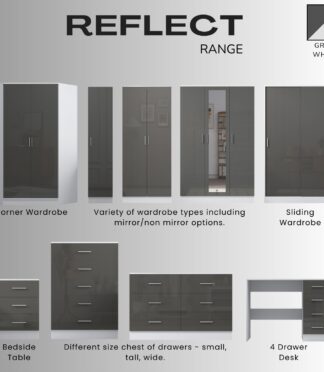 REFLECT High Gloss Bedroom Furniture Wardrobe Chest Bedside Desk in Grey/White
