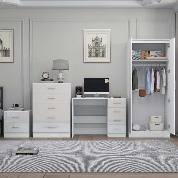 Reflect 2 Door Mirror Wardrobe, 5 Drawer Chest, 2 Drawer Bedside & Desk - White Gloss & Matt White - Modern Bedroom Furniture Set - Image 4