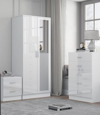 Reflect 2 Door Mirror Wardrobe, 5 Drawer Chest, 2 Drawer Bedside - White Gloss & Matt White - Modern Bedroom Furniture Set