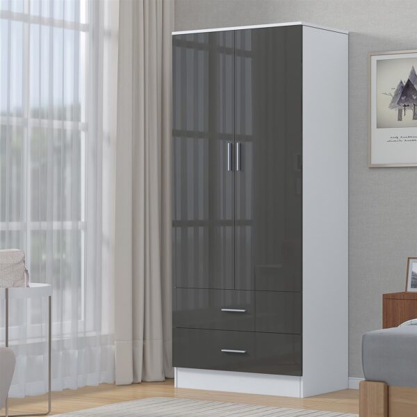 Reflect 2 Door 2 Drawer Combi Plain Wardrobe - Grey Gloss & Matt White - Hanging Rails, Drawers & Shelf - H: 180cm x W: 76cm - Image 2