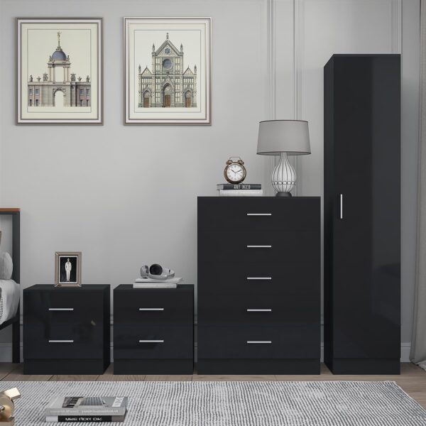 Reflect 1 Door Plain Wardrobe, 5 Drawer Chest, 2x 2 Drawer Bedsides - Black Gloss & Black Oak - Modern Bedroom Furniture Set - Image 4