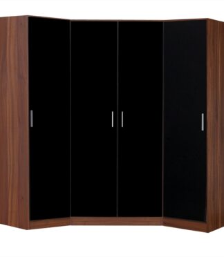 Reflect 3pc Wardrobe Bundle - 2 Door Corner + 2x 1 Door Plain - Black Gloss & Walnut - H: 180cm x W: 179cm x D: 103cm