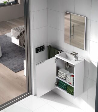Gloss White 40cm Bathroom Vanity Unit with Sink and Mirror- Compact Basin Cabinet for Small Bathrooms.