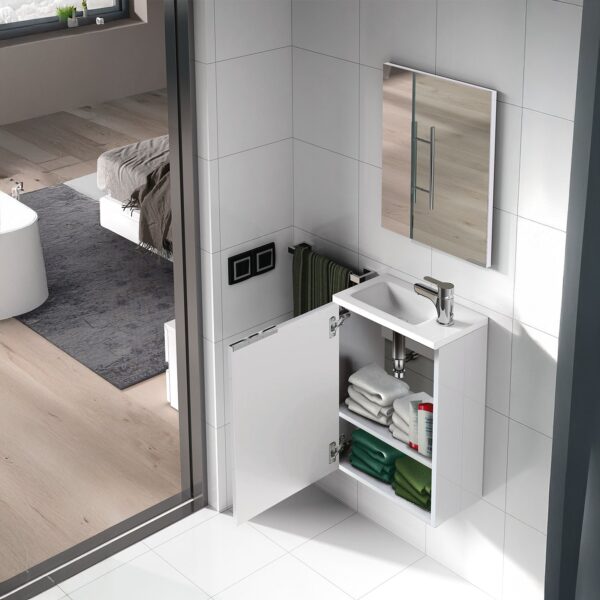 Gloss White 40cm Bathroom Vanity Unit with Sink and Mirror- Compact Basin Cabinet for Small Bathrooms.