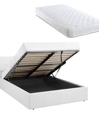 LUNA 5FT King Faux Leather Fabric White Ottoman Storage Bed Gas Lift & 17cm Thick Spring Mattress - L:213cm x W:168cm x H:88.5cm
