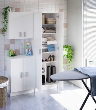 Vita White 2 Door Shoe & Boot Cupboard - Modular Kitchen Utility Room Cleaning Cabinet - H: 180cm x W: 59cm x D: 37cm.