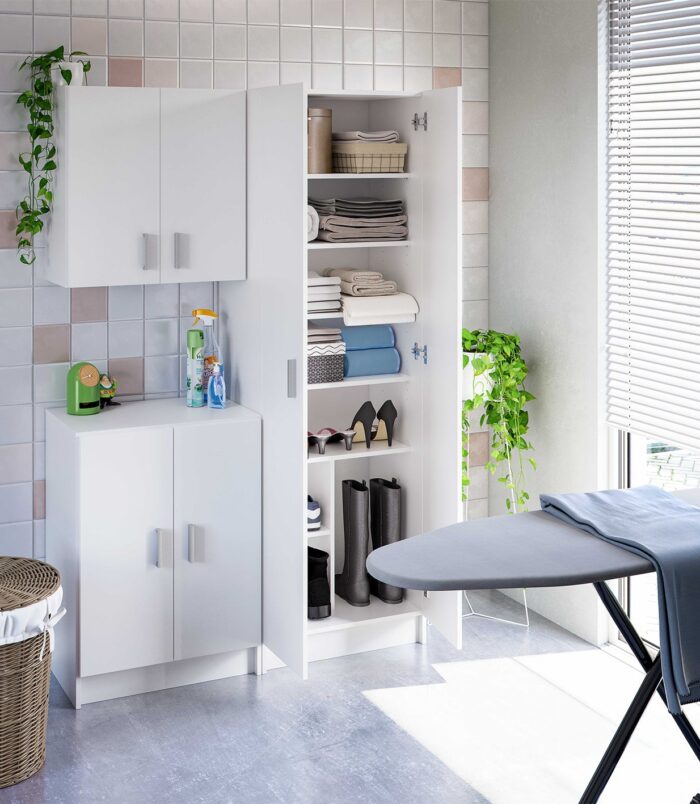 Vita White 2 Door Shoe & Boot Cupboard - Modular Kitchen Utility Room Cleaning Cabinet - H: 180cm x W: 59cm x D: 37cm.