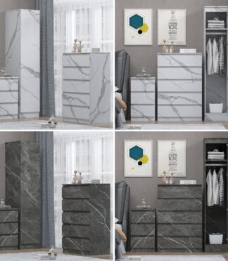 ZITA 3pc Set - 1 Door Wardrobe + Tall Chest + Bedside in White OR Grey Marble