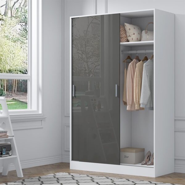 Reflect 2 Door Sliding Wardrobe - Grey Gloss & Matt White - Hanging Rails & Shelves - H:180cm x W: 120cm x D: 58cm - Modern Design - Image 2