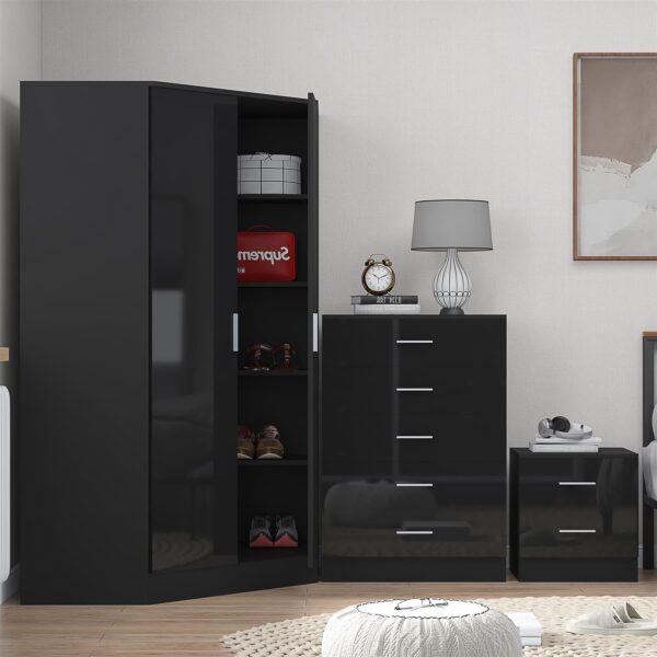 Reflect 2 Door Corner Wardrobe, 5 Drawer Chest, 2 Drawer Bedside - Black Gloss & Black Oak - Bedroom Furniture Set - Image 2