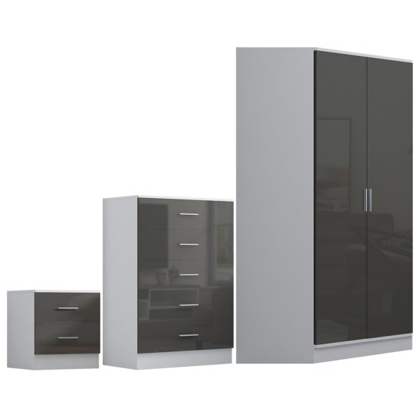 Reflect 2 Door Corner Wardrobe, 5 Drawer Chest, 2 Drawer Bedside - Grey Gloss & Matt White - Bedroom Furniture Set - Image 4