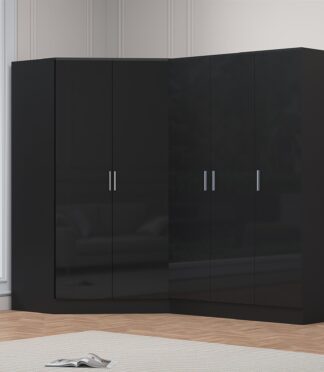 Reflect 2pc Wardrobe Bundle - 2 Door Corner + 3 Door Plain - Black Gloss & Black Oak - H: 180cm x W: 179cm x D: 103cm