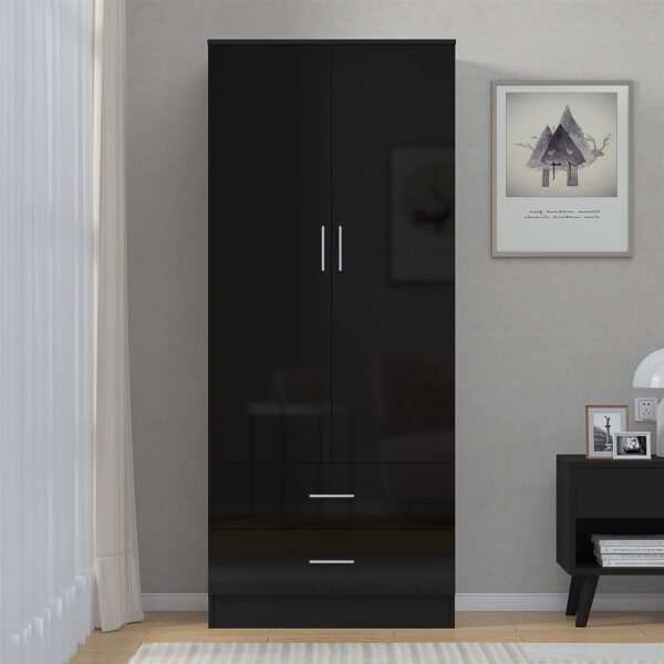 Reflect 2 Door 2 Drawer Combi Plain Wardrobe - Black Gloss & Black Oak - Hanging Rails, Drawers & Shelf - H: 180cm x W: 76cm - Image 4