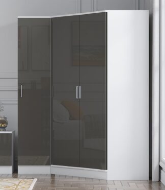 Reflect 2pc Wardrobe Bundle - 2 Door Corner + 1 Door Plain - Grey Gloss & Matt White - H: 180cm x W: 179cm x D: 103cm