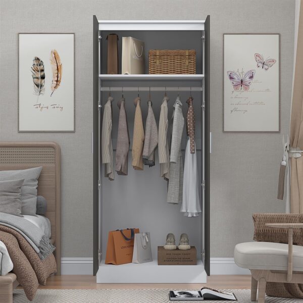 Reflect 2 Door Mirrored Wardrobe - Grey Gloss & Matt White - Hanging Rails & Shelves - H: 180cm x W: 76cm - Modern Sleek Design - Image 4
