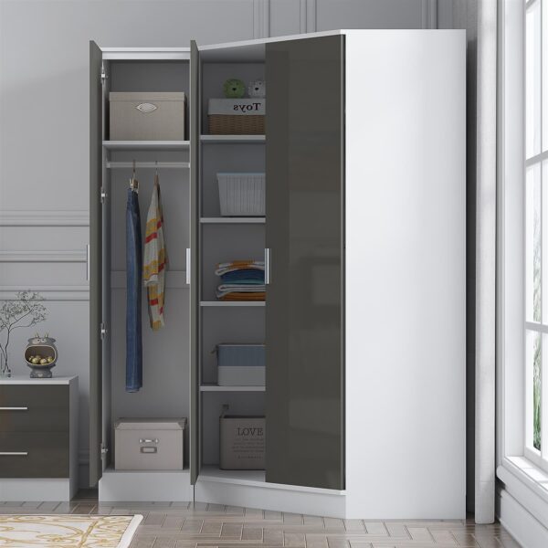Reflect 2pc Wardrobe Bundle - 2 Door Corner + 1 Door Plain - Grey Gloss & Matt White - H: 180cm x W: 179cm x D: 103cm - Image 2