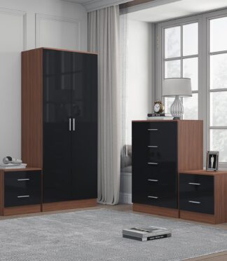 Reflect 2 Door Plain Wardrobe, 5 Drawer Chest, 2x 2 Drawer Bedsides - Black Gloss & Walnut - Modern Bedroom Furniture Set