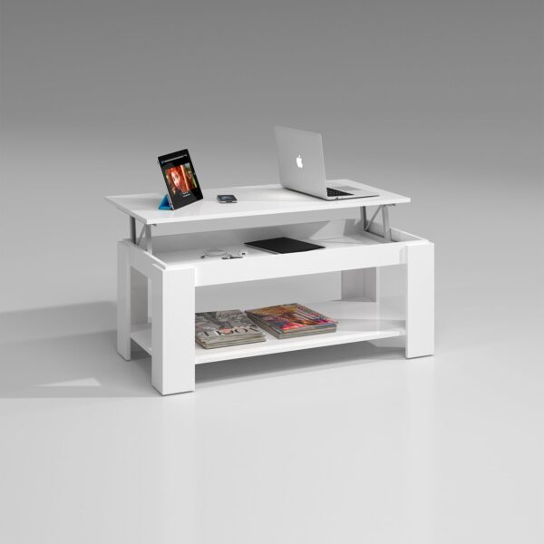 AMBIT White Lift-Up Storage Coffee Table with Shelf- Modern Living Room Furniture - Image 2