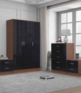 Reflect 3 Door Plain Wardrobe, 5 Drawer Chest, 2x 2 Drawer Bedsides - Black Gloss & Walnut - Modern Bedroom Furniture Set