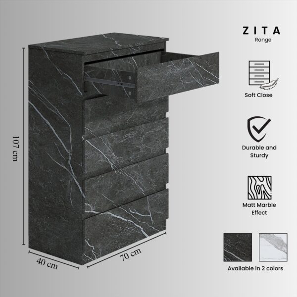 ZITA Grey Marble Effect 4 Piece Bedroom Set - 2 Door Wardrobe, Tall Chest & 2 Bedside Tables, Stylish Storage Solution - Image 7