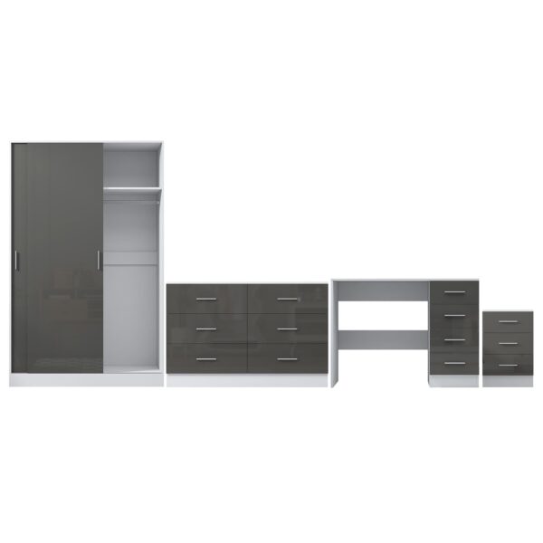 REFLECT Gloss 4pc Set - 2 Door Sliding Wardrobe + Wide Chest + Bedside + Desk.