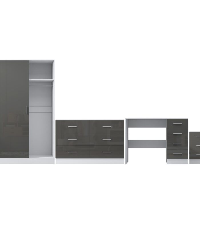 REFLECT Gloss 4pc Set - 2 Door Sliding Wardrobe + Wide Chest + Bedside + Desk.